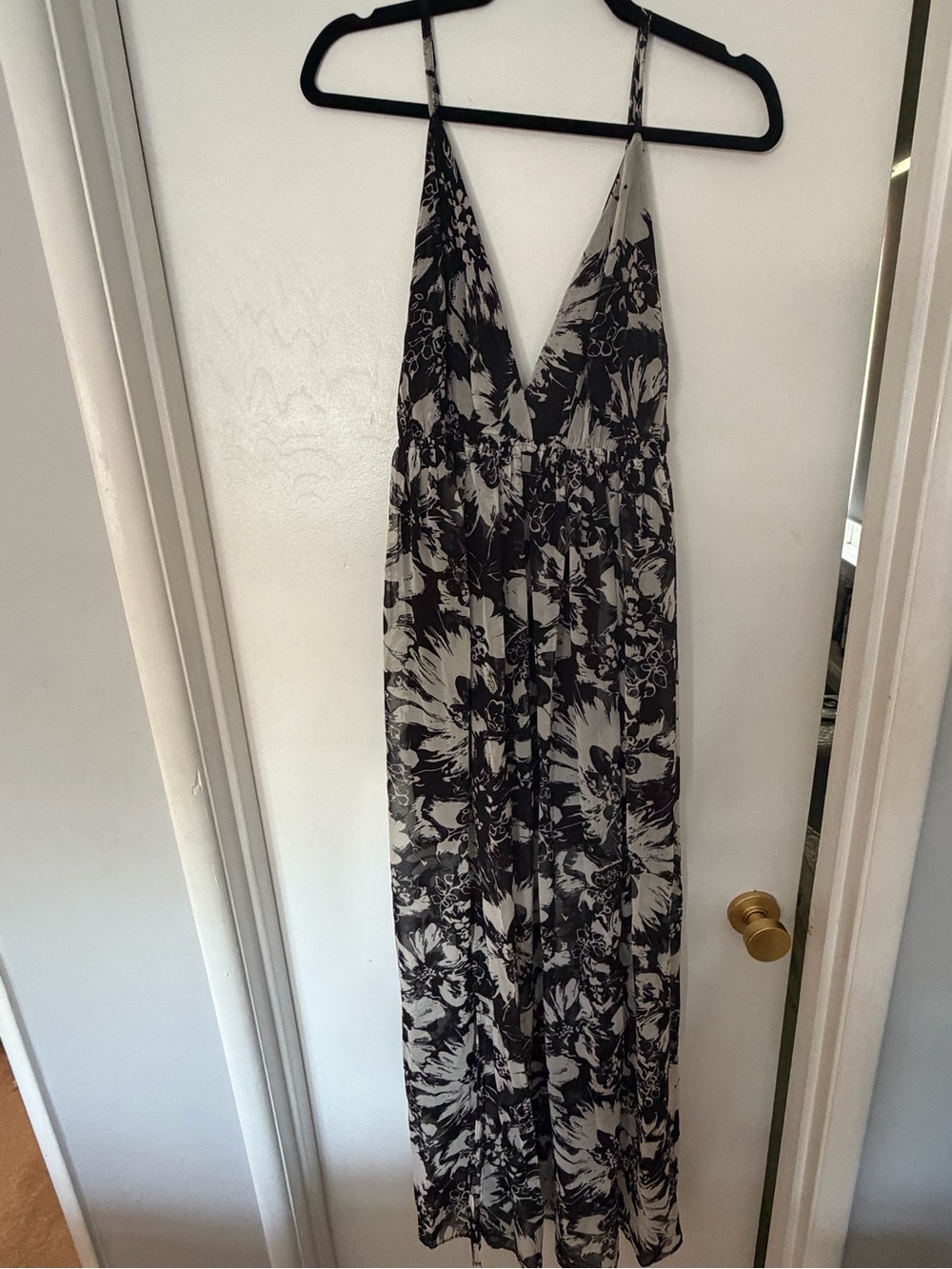 Black & White Floral Maxi Dress with Deep V Neck